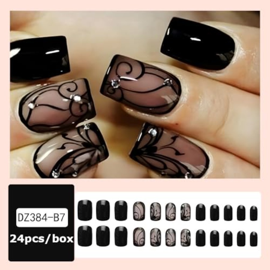 Full Cover Adhesive - Unghie finte quadrate corte, base nude